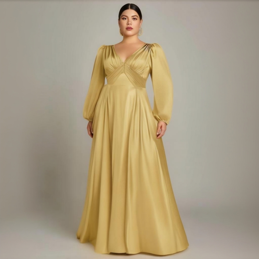 JJ's House Gold Satin Maxi Gown Long Sleeve Formal Dress LP - Picture 13 of 13